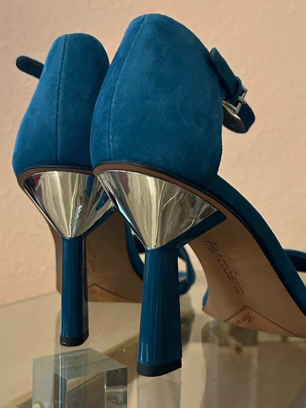 Never Worn * Franco Sarto Blue Suede Open-Toe Silver Heel Sandals Size 9.5
